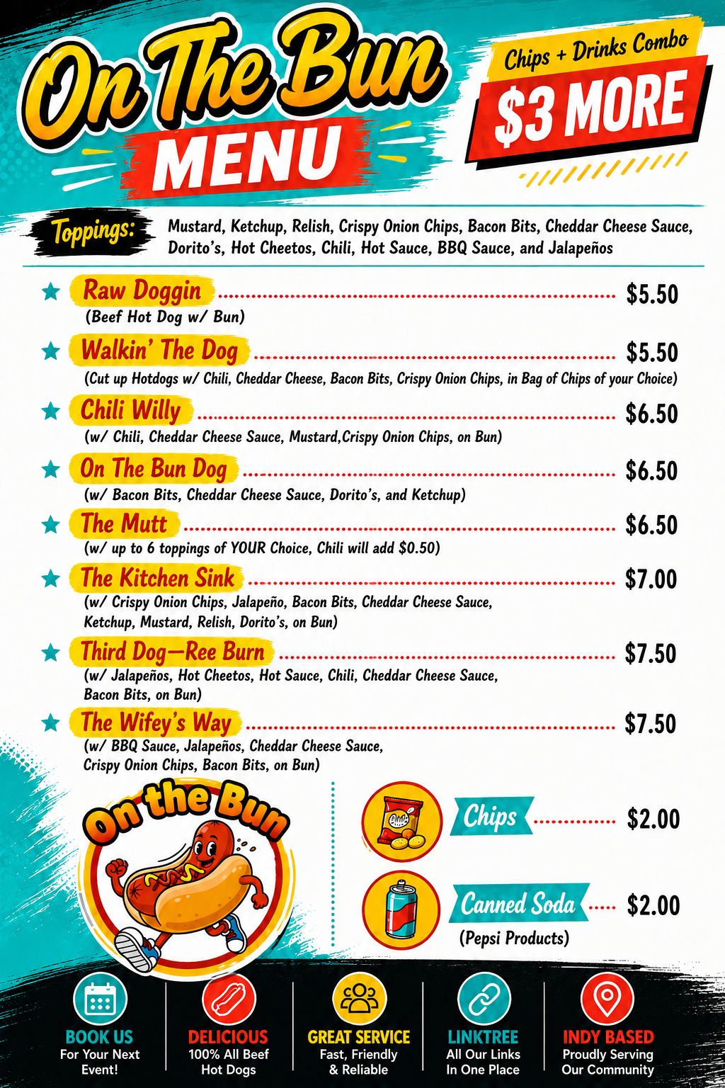 On the Bun menu with food items, prices, toppings, chips, and drinks