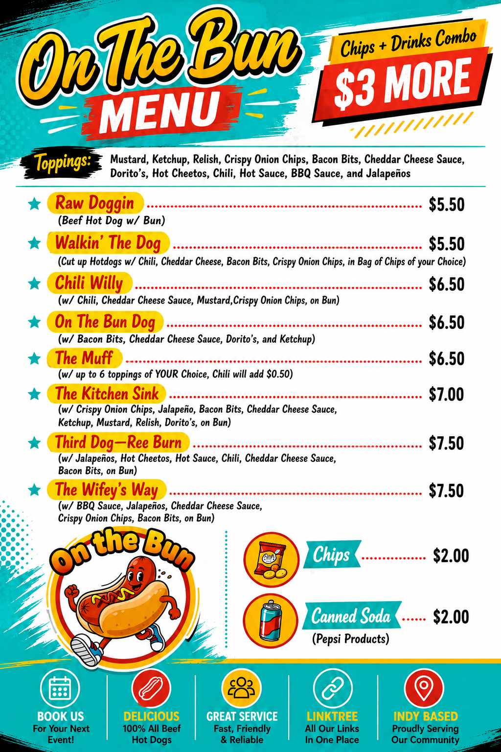 On the Bun menu with food items, prices, toppings, chips, and drinks